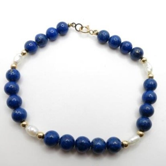 Lapis Lazuli 5.5mm Beads, Pearl and Gold Bead Bracelet with 14k Gold Clasp - Picture 4 of 16